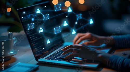 A person typing on a laptop with digital communication icons above, symbolizing networking and connectivity.