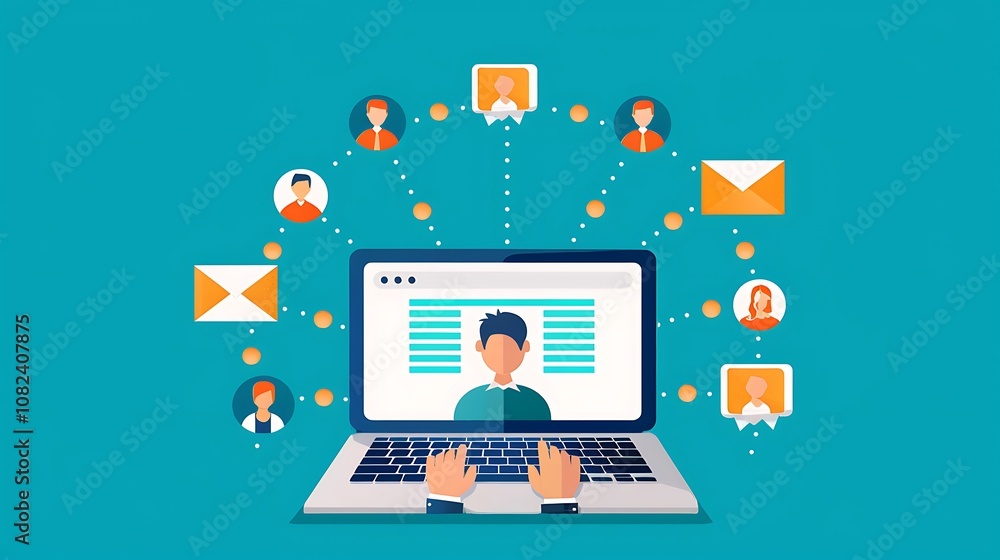 Illustration of online communication with a laptop, users, and messages. Illustration of online communication with a laptop, users, and messages.