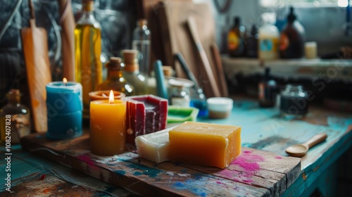 A serene candle-making studio with wax and molds, featuring a tranquil workspace with candle molds, colorful wax blocks