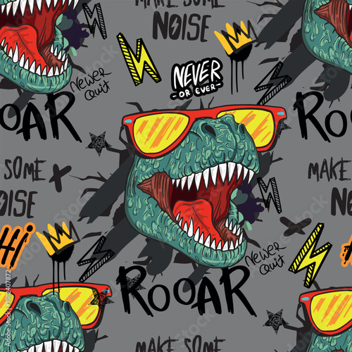 Seamless  bright Dino pattern, print for T-shirts, textiles, wrapping paper, web. Original design with t-rex, dinosaur.  grunge design for boys and girls