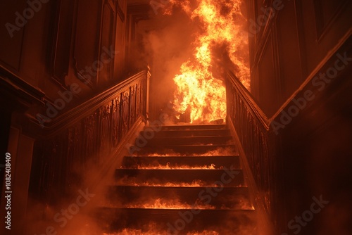 Entrance hallway with a staircase, engulfed in fire, smoke swirling around, bright flames casting shadows, high-contrast, intense close-up 4