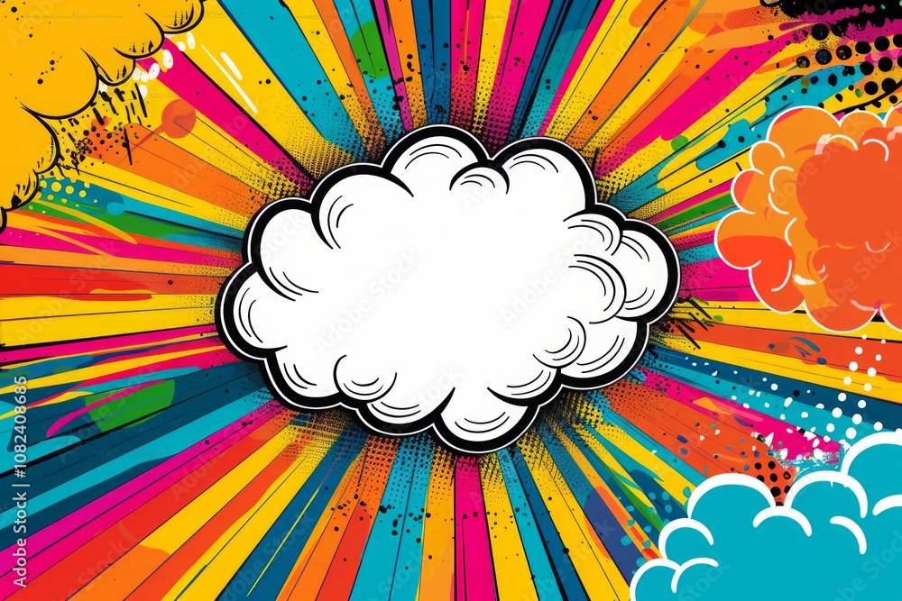 White comic-style cloud speech bubble on a colorful radial burst background with halftone dots and splatter effects. Generative AI White comic-style cloud speech bubble on a colorful radial burst background with halftone dots and splatter effects. Generative AI