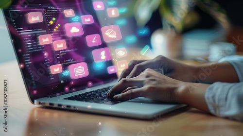 A person typing on a laptop with digital icons and data visualizations around.