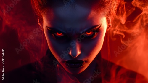 Glaring Fury: Intense Woman with Glowing Red Eyes photo