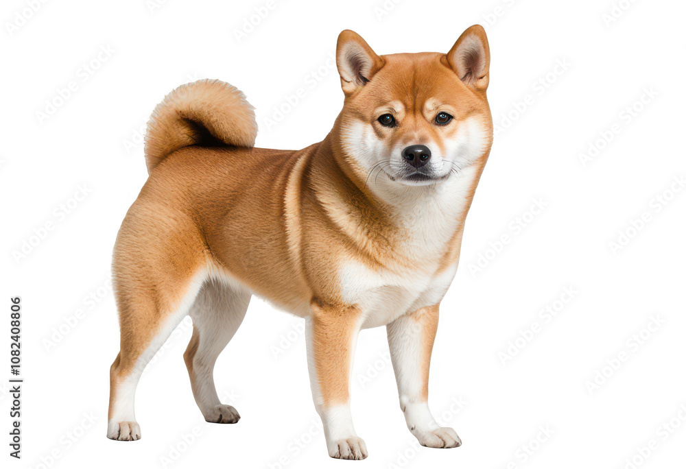 A cheerful Shiba Inu dog standing with a curled tail and smiling expression, isolated on transparent background. A cheerful Shiba Inu dog standing with a curled tail and smiling expression, isolated on transparent background.