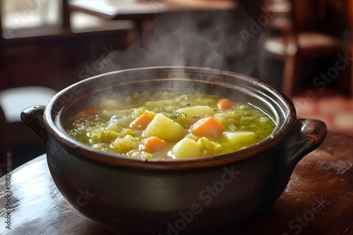 A tureen of cabbage soup, soupe au chou, with potatoes, carrots, and cabbage in a green broth on a wooden table in a cozy, rustic French tavern photo