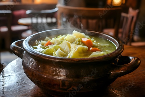 A tureen of cabbage soup, soupe au chou, with potatoes, carrots, and cabbage in a green broth on a wooden table in a cozy, rustic French tavern photo