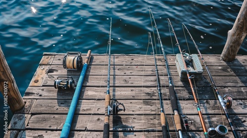 A serene fishing pier with rods and tackle boxes, Fishing gear arranged neatly on a wooden pier, Classic angling style photo