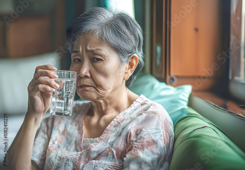 Asian senior mature woman with drinking water from glass