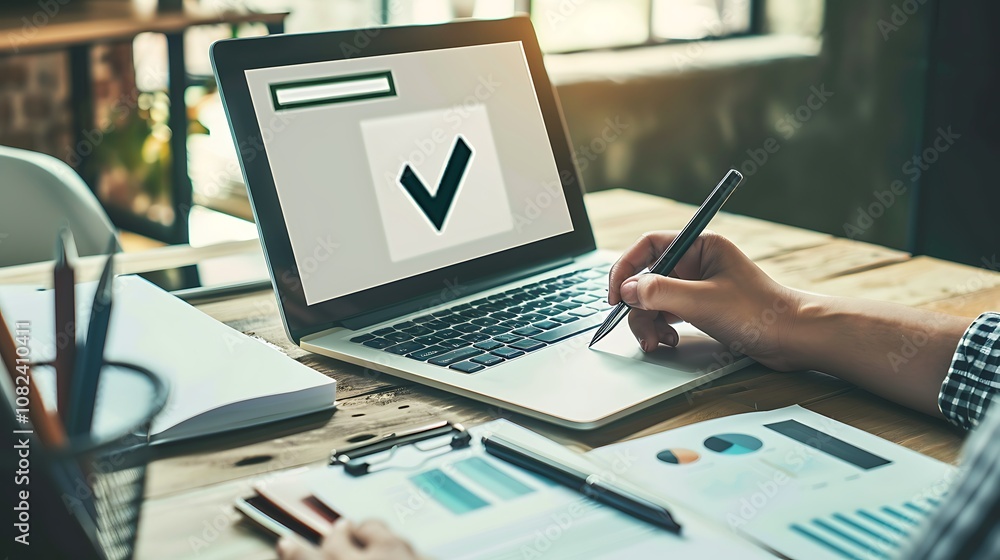 A person using a laptop with a checkmark symbol on the screen, surrounded by documents and a pen.