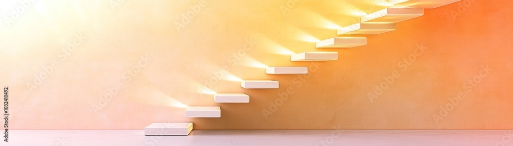 White staircase ascending towards a bright, yellow-orange wall. White staircase ascending towards a bright, yellow-orange wall.