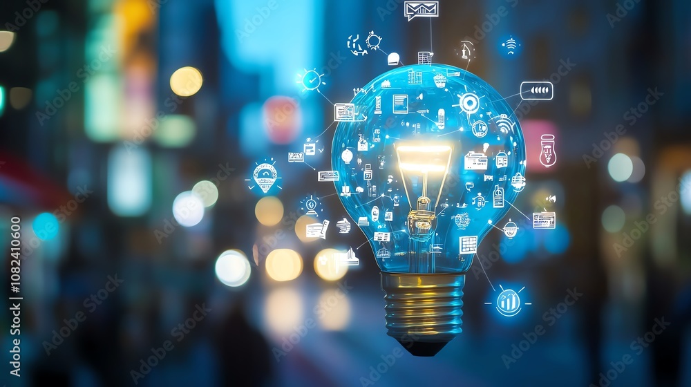 A glowing lightbulb represents innovation with digital icons of various technologies, symbolizing connectivity in a vibrant, blurred urban background A glowing lightbulb represents innovation with digital icons of various technologies, symbolizing connectivity in a vibrant, blurred urban background