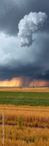 A large, dark cloud hangs over a field of golden wheat, with rain falling in the distance