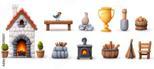 Isolated white background with a traditional Ukrainian ancient house with stove, oven and samovar. Modern cartoon interior set of a traditional Ukrainian ancient house with stove.