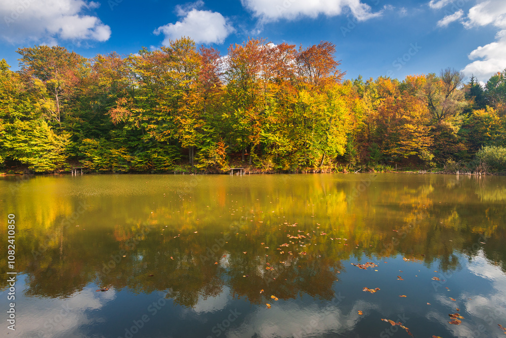 Autumn colorful foliage over lake with beautiful woods in red and yellow color. Bakony Forest and Mountain, Pisztrangos Lake, Hungary Autumn colorful foliage over lake with beautiful woods in red and yellow color. Bakony Forest and Mountain, Pisztrangos Lake, Hungary