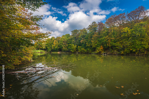 Autumn colorful foliage over lake with beautiful woods in red and yellow color. Bakony Forest and Mountain, Pisztrangos Lake, Hungary photo