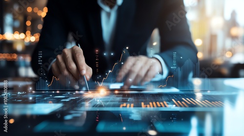 Business professional analyzing financial data on digital screen, with graphs and charts. Concept of market analysis, strategy, and technology in corporate environment.