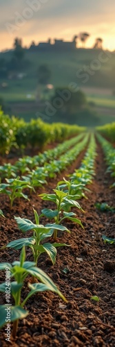 A close-up view of rows of young plants in a field, likely during the early morning hours