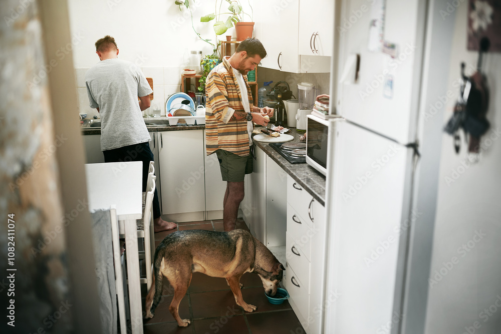Ταπετσαρία Cooking, men and friends with dog, house and healthy meal with happiness