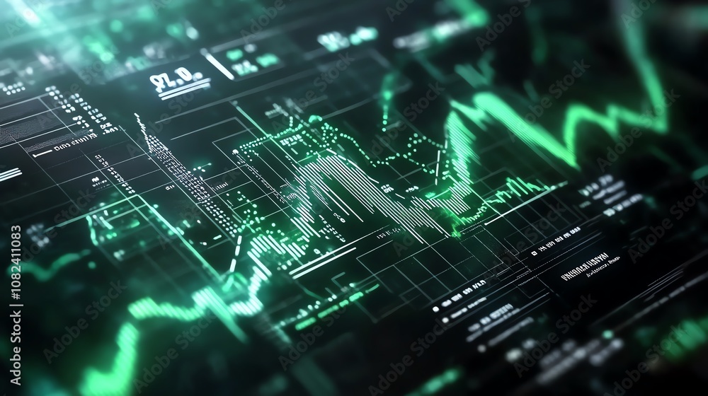 Futuristic digital data interface displaying green graphs and analytics, showcasing abstract financial trends and technological innovation in a high-tech environment. Futuristic digital data interface displaying green graphs and analytics, showcasing abstract financial trends and technological innovation in a high-tech environment.