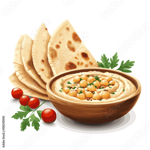 Traditional Pita Bread and Hummus Vector Illustration