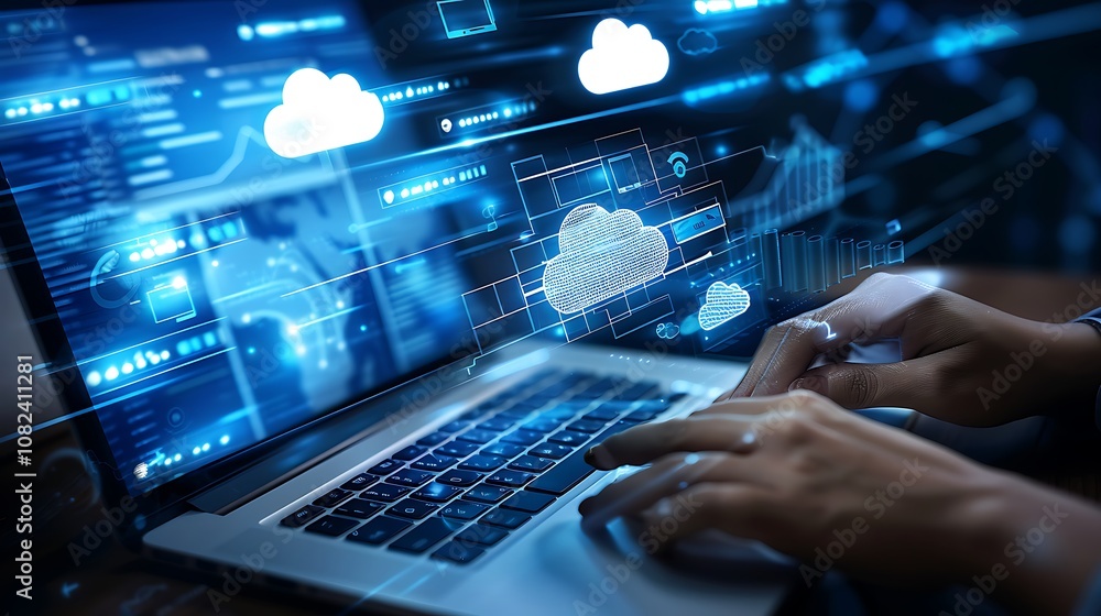 A person working on a laptop with digital cloud and data graphics, symbolizing technology and data management. A person working on a laptop with digital cloud and data graphics, symbolizing technology and data management.