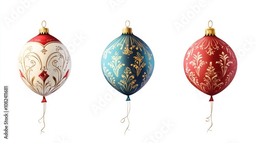 Christmas balloons, traditional theme, colorful, isolated on white background