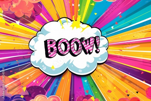 Comic-style cloud with 'BOOW!' text and colorful radial burst background. Pop art explosion graphic with vibrant colors. Ideal for poster, banner, or advertisement design.  Generative AI photo