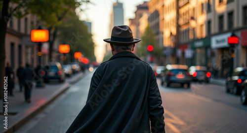 Man in hat walking down urban street at sunset