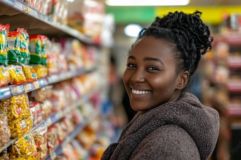 Close-up of an African woman in her 40s with a friendly smile, carefully choosing snacks for her trip in a vibrant station convenience store, morning light 5 Close-up of an African woman in her 40s with a friendly smile, carefully choosing snacks for her trip in a vibrant station convenience store, morning light 5