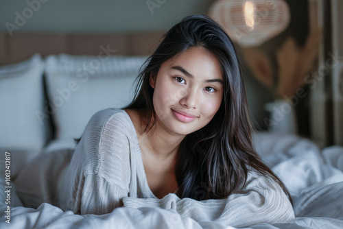 Young Woman Relaxing in Cozy Bedroom with Warm Lighting and Soft Textures