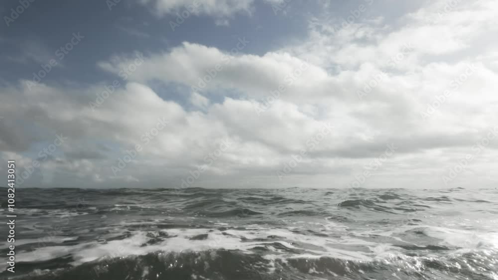 The picturesque view of the ocean showcases dynamic waves rolling beneath a beautifully cloudy sky above The picturesque view of the ocean showcases dynamic waves rolling beneath a beautifully cloudy sky above