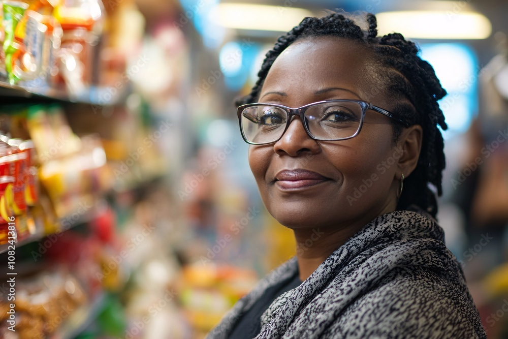 Close-up of a middle-aged African woman with a gentle smile, wearing glasses, choosing snacks at a bustling train station convenience store, early evening warm light 5 Close-up of a middle-aged African woman with a gentle smile, wearing glasses, choosing snacks at a bustling train station convenience store, early evening warm light 5