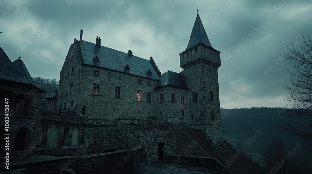 Naklejka premium Enigmatic Medieval Castle Under Overcast Sky with Lantern Glow Illuminating Dark Stone Walls and Towering Spire Surrounded by Misty Landscape