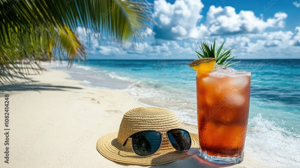 Cool cocktail on sandy beach, placed beside straw hat and sunglasses, with ocean and tropical palms swaying in background Cool cocktail on sandy beach, placed beside straw hat and sunglasses, with ocean and tropical palms swaying in background
