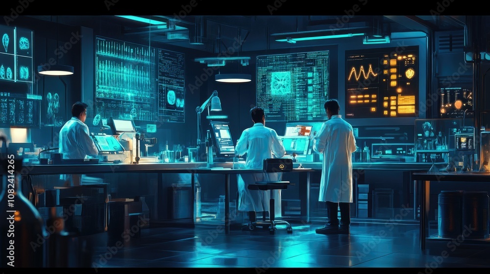Futuristic Laboratory with Scientists Examining Data and Conducting Research in a High-tech Environment Featuring Advanced Equipment and Digital Displays Futuristic Laboratory with Scientists Examining Data and Conducting Research in a High-tech Environment Featuring Advanced Equipment and Digital Displays