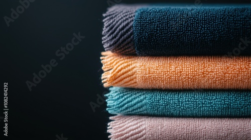 A stack of towels with different colors and patterns photo