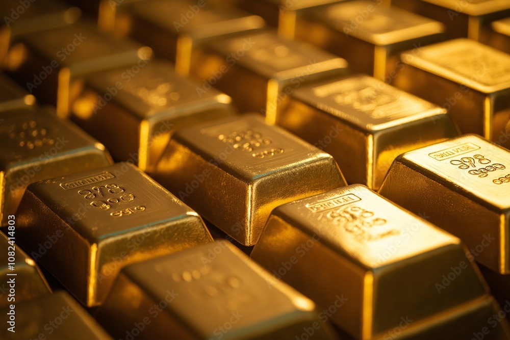 A collection of gold bars meticulously arranged in rows, reflecting wealth and precision. A collection of gold bars meticulously arranged in rows, reflecting wealth and precision.