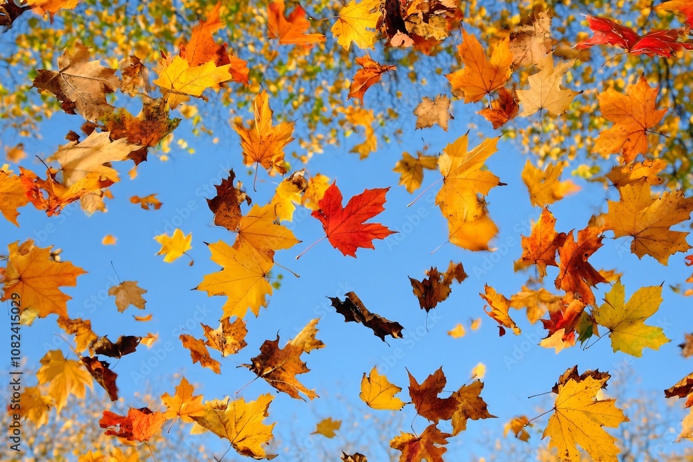 Autumn leaves tumbling through crisp air, a blur of rich warm colors, blue sky backdrop, dynamic and energetic, golden light illuminating the falling leaves 2 Autumn leaves tumbling through crisp air, a blur of rich warm colors, blue sky backdrop, dynamic and energetic, golden light illuminating the falling leaves 2