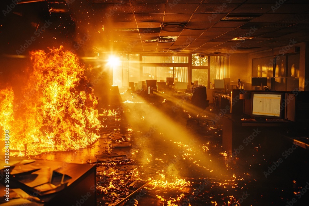 An office ablaze at sunset, shadows playing with flames, golden hour light, close-up of burning materials, capturing the surreal beauty amidst the chaos 3 An office ablaze at sunset, shadows playing with flames, golden hour light, close-up of burning materials, capturing the surreal beauty amidst the chaos 3