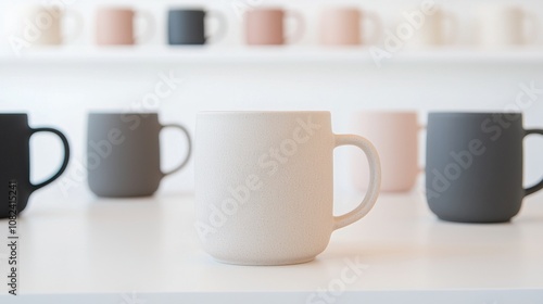 A white coffee cup sits on a table next to several other cups of various colors