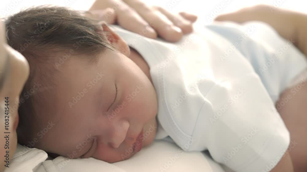Newborn baby sleeping on mother's chest with a gentle parental hand resting on their back. This heartwarming video conveys love, security, and the protective care of family. Newborn baby sleeping on mother's chest with a gentle parental hand resting on their back. This heartwarming video conveys love, security, and the protective care of family.