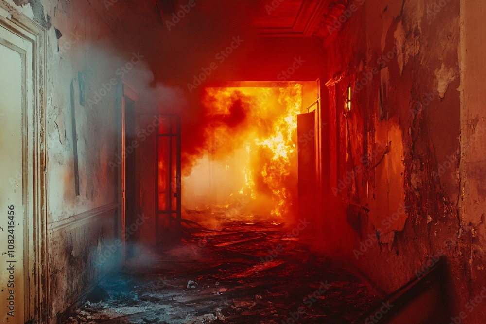 Fototapeta premium Abandoned house entrance hallway, fire spreading, broken walls, intense red and yellow flames, smoke, early morning light, medium close-up 1