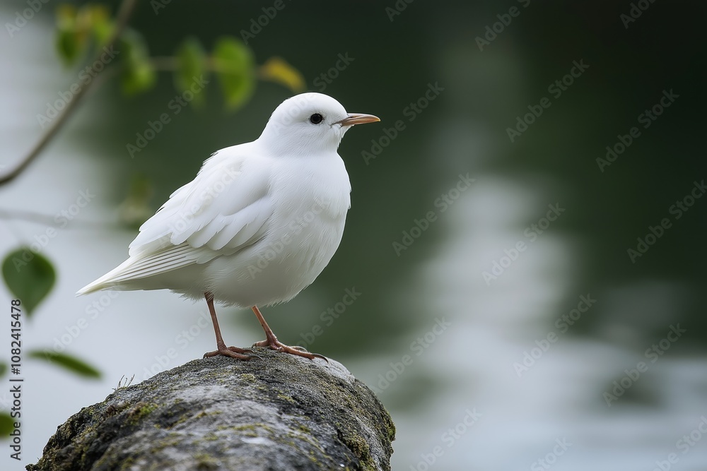 A white bird peacefully perches on a rock beside still green waters. A white bird peacefully perches on a rock beside still green waters.