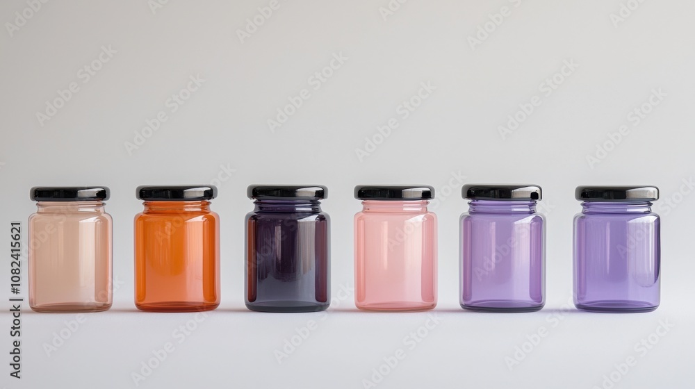 A row of jars with different colors, including orange, pink, purple, and green A row of jars with different colors, including orange, pink, purple, and green