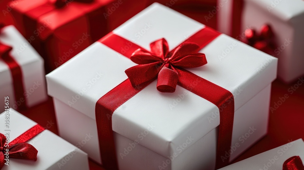 Obraz premium Beautifully Wrapped White Gift Boxes with Red Ribbons Perfect for Holiday Celebrations, Birthdays, and Special Occasions on a Festive Red Background