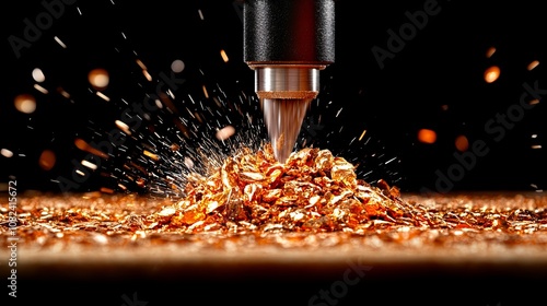 Gold Nuggets and Drill Bit with Sparks Industrial Mining and Metallurgy Concept