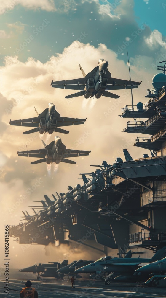 A somber image of military jets taking off from an aircraft carrier against a cloudy sky, highlighting readiness for combat and naval force prowess. A somber image of military jets taking off from an aircraft carrier against a cloudy sky, highlighting readiness for combat and naval force prowess.