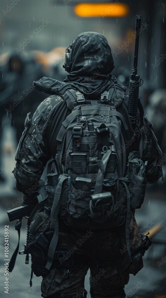 A futuristic soldier in dark gear stands in a ruined city with firearms, symbolizing a post-apocalyptic setting. Rainy weather and damaged buildings enhance the atmosphere of disaster. A futuristic soldier in dark gear stands in a ruined city with firearms, symbolizing a post-apocalyptic setting. Rainy weather and damaged buildings enhance the atmosphere of disaster.