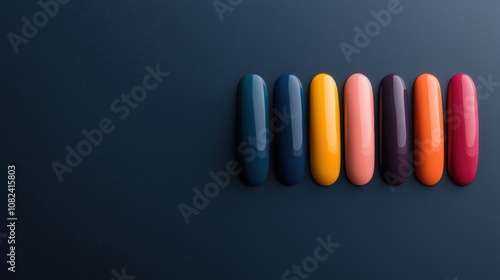 A row of colorful nail polish bottles on a blue background
